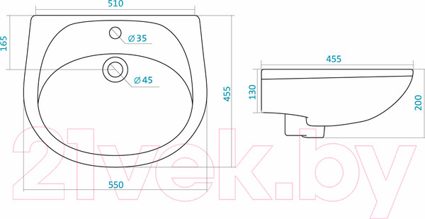 Изображение товара Умывальник Santek Бриз 55 (с отверстием и пьедесталом)