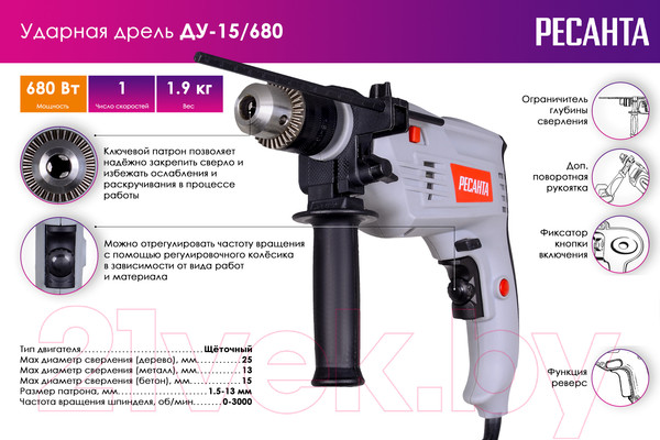 Изображение товара Дрель Ресанта ДУ-15/680 (75/8/2)