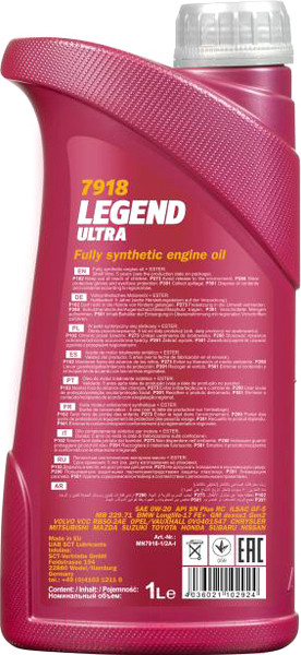 Изображение товара Моторное масло Mannol Legend Ultra 0W20 SN Plus RC / MN7918-1 (1л)