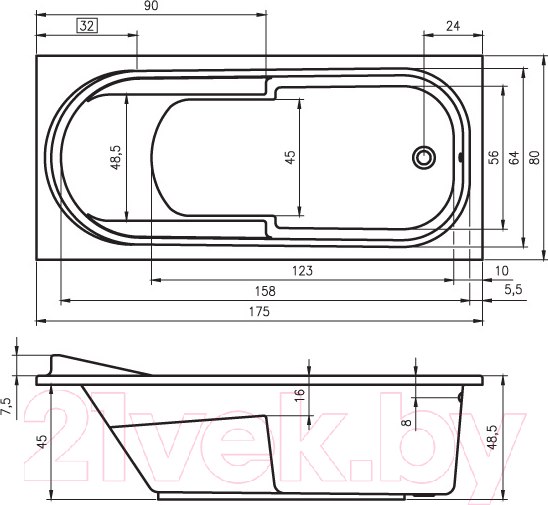 Изображение товара Ванна акриловая Riho Columbia 175x80 / BA04005 (с ножками)