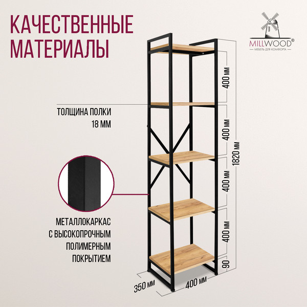 Изображение товара Стеллаж Millwood Neo Loft СН-2 Л (дуб золотой Craft/металл черный)