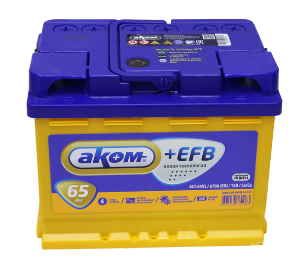 Изображение товара Автомобильный аккумулятор AKOM 6СТ-65 Рус+EFB L+ (65 А/ч)