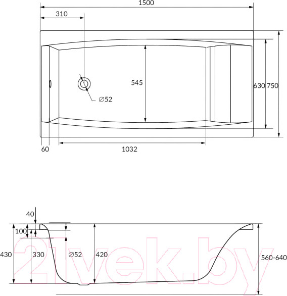 Изображение товара Ванна акриловая Cersanit Virgo 150x75 / WP-VIRGO-150-W (без ножек)