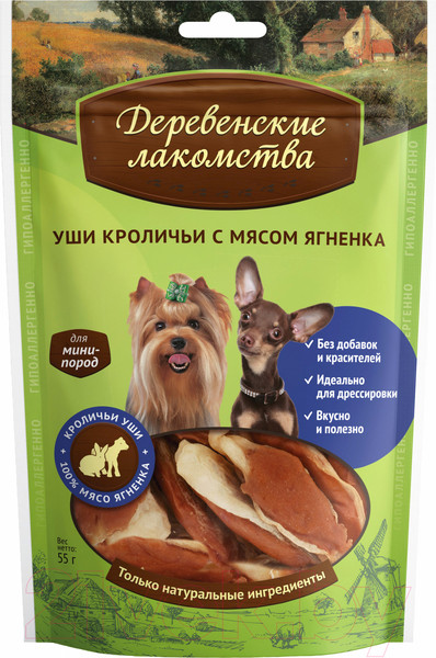 Изображение товара Лакомство для собак Деревенские лакомства Уши кроличьи с мясом ягненка (55г)