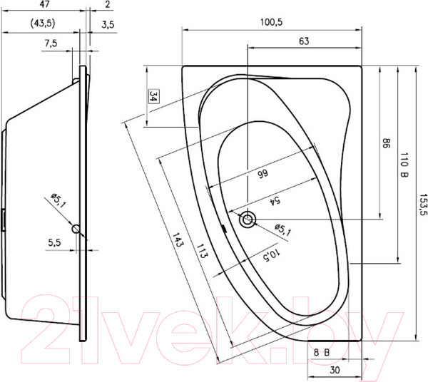 Изображение товара Ванна акриловая Riho Lyra 153 R / BA67005 (с ножками)