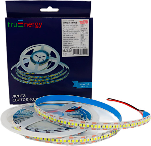 Изображение товара Светодиодная лента Truenergy 12V-240D 19.2W/m 6000K IP20 / 16008 (5м)