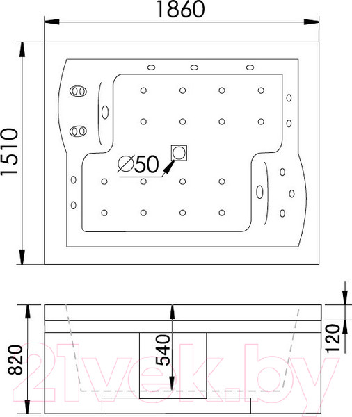 Изображение товара Ванна акриловая Gemy G9052 II K R 186x151 (с гидромассажем)