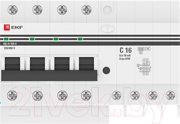 Изображение товара Дифференциальный автомат EKF PROxima АД-4 16А/30мА / DA4-16-30-pro