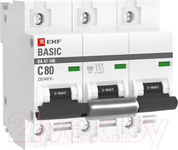 Изображение товара Выключатель автоматический EKF Basic ВА 47-100 3P 80A (C) 10kA / mcb47100-3-80C-bas