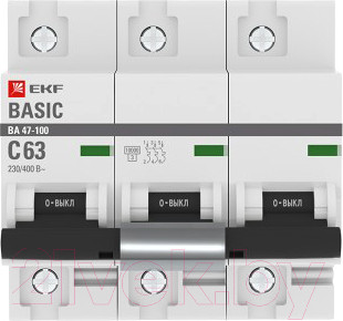 Изображение товара Выключатель автоматический EKF Basic ВА 47-100 3P 63A (C) 10kA / mcb47100-3-63C-bas