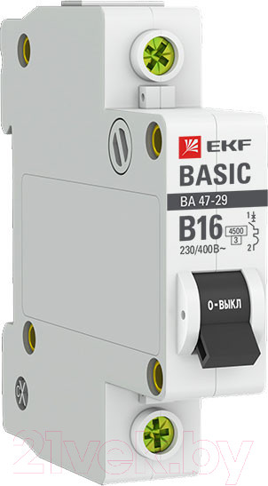 Изображение товара Выключатель автоматический EKF Basic ВА 47-29 1P 25А (B) 4.5кА / mcb4729-1-25B