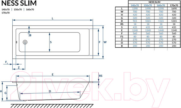 Изображение товара Ванна акриловая Excellent Ness Mono Slim 170x70 (с ножками)