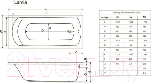 Изображение товара Ванна акриловая Excellent Lamia 170x75