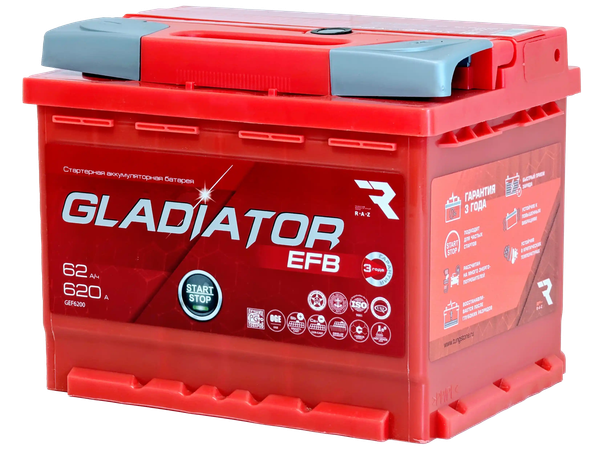 Изображение товара Автомобильный аккумулятор Gladiator EFB R+ (62 А/ч)