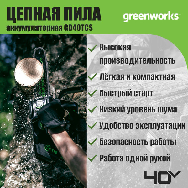 Изображение товара Пила цепная аккумуляторная Greenworks GD40TCS бесщеточная 40V 25см / 2003807 (без АКБ и ЗУ)