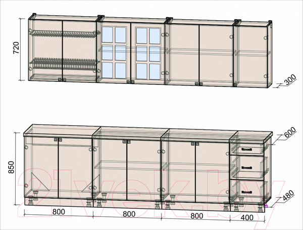 Изображение товара Кухонный гарнитур Интерлиния Мила Деко 2.8 А (мята/травертин серый)