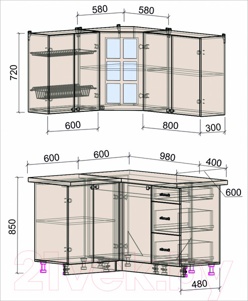 Изображение товара Кухонный гарнитур Интерлиния Мила Деко 1.2x1.4 (пепел/опал светлый)