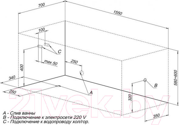 Изображение товара Ванна акриловая Aquanet Bright 155x70