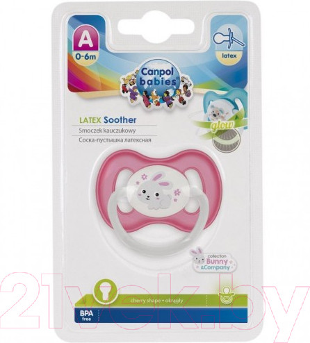 Изображение товара Пустышка Canpol Bunny&Company латексная круглая 0-6мес / 23/277 (розовый, со светящимся колечком)