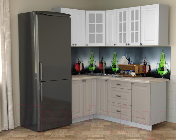 Изображение товара Кухонный гарнитур Интерлиния Мила Деко 1.2x1.9 (белый/луна/травертин серый)