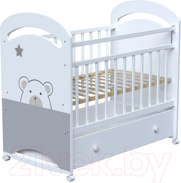 Изображение товара Детская кроватка VDK Birba колесо-качалка и ящик (белый)