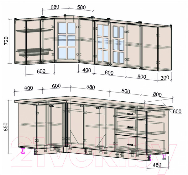 Изображение товара Кухонный гарнитур Интерлиния Мила Деко 1.2x2.6 (пепел/опал светлый)