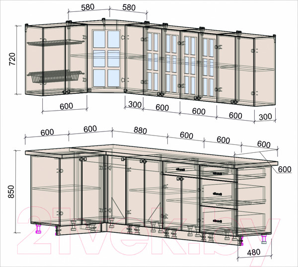 Изображение товара Кухонный гарнитур Интерлиния Мила Деко 1.2x2.7 (пепел/опал светлый)