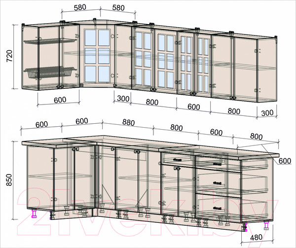Изображение товара Кухонный гарнитур Интерлиния Мила Деко 1.2x3.1 (пепел/опал светлый)