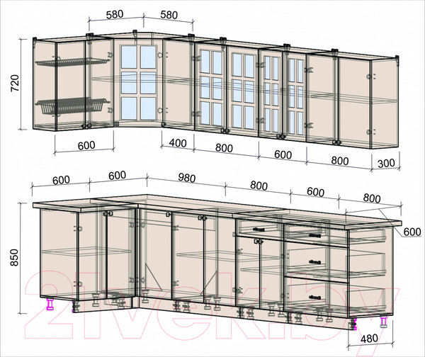 Изображение товара Кухонный гарнитур Интерлиния Мила Деко 1.2x3.2 (керамика/керамика/опал светлый)