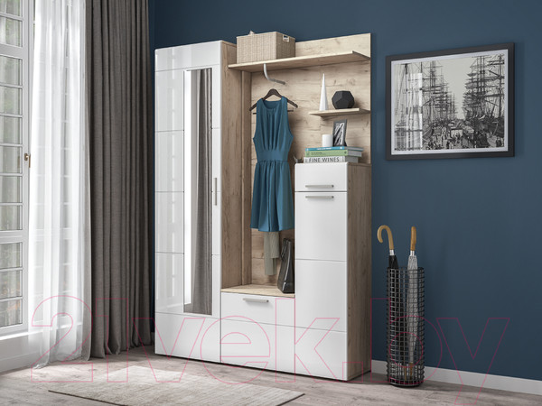 Изображение товара Секция в прихожую Mobi Лайн 10.16 (дуб серый Craft/белый глянец ПВХ)