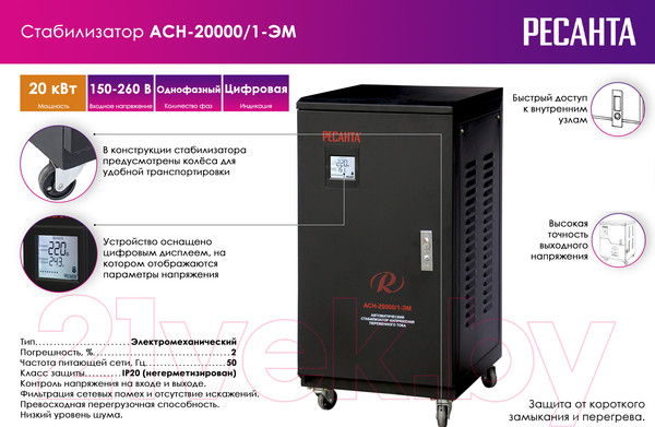 Изображение товара Стабилизатор напряжения Ресанта АСН-20 000/1-ЭМ (63/3/2)