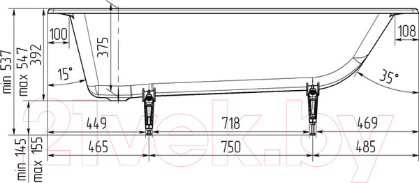 Изображение товара Ванна чугунная Универсал Оптима-У 170x70 (1 сорт, с ножками)