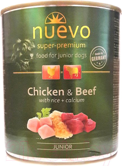 Изображение товара Влажный корм для собак Nuevo Junior Chicken & Beef with rice + calcium / 95014 (800г)