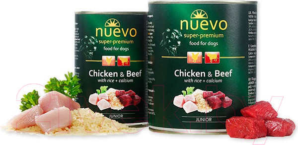 Изображение товара Влажный корм для собак Nuevo Junior Chicken & Beef with rice + calcium / 95014 (800г)