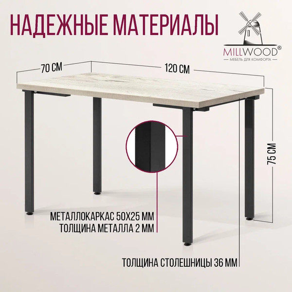 Изображение товара Обеденный стол Millwood Лофт Прага Л 120x70x75 (дуб белый Craft/металл черный)