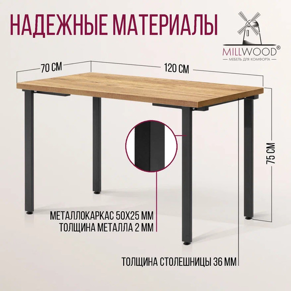 Изображение товара Обеденный стол Millwood Лофт Прага Л 120x70x75 (дуб золотой Craft/металл черный)