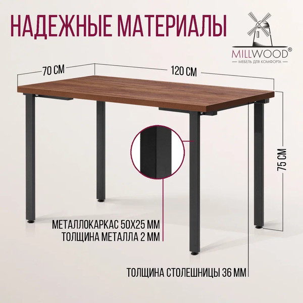 Изображение товара Обеденный стол Millwood Лофт Прага Л 120x70x75 (дуб табачный Craft/металл черный)