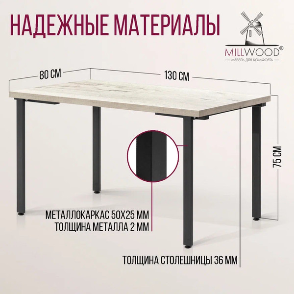 Изображение товара Обеденный стол Millwood Лофт Прага Л 130x80x75 (дуб белый Craft/металл черный)
