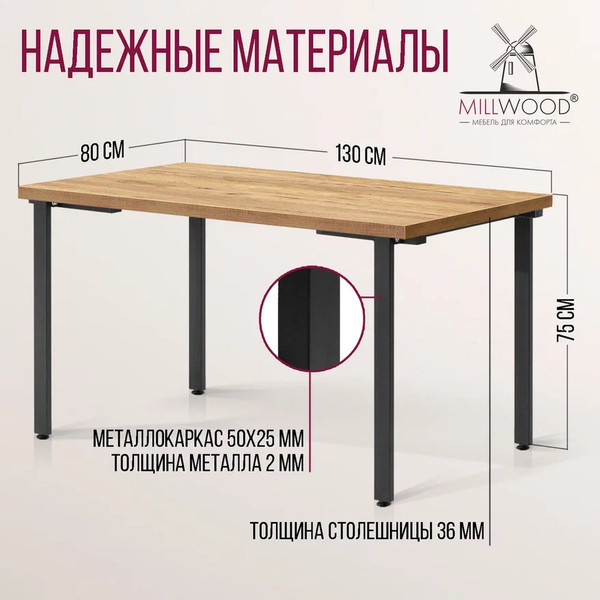 Изображение товара Обеденный стол Millwood Лофт Прага Л 130x80x75 (дуб золотой Craft/металл черный)
