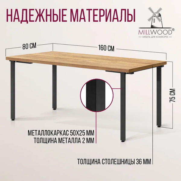 Изображение товара Обеденный стол Millwood Лофт Прага Л 160x80x75 (дуб золотой Craft/металл черный)