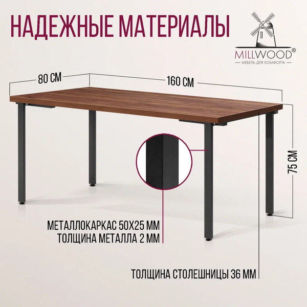 Изображение товара Обеденный стол Millwood Лофт Прага Л 160x80x75 (дуб табачный Craft/металл черный)