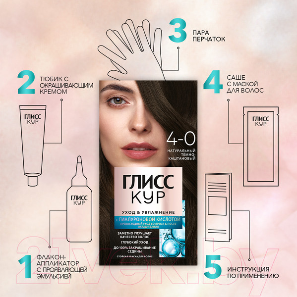 Изображение товара Крем-краска для волос Глисс Кур Уход и увлажнение c гиалуроновой кислотой 4-0 (темно-каштановый)