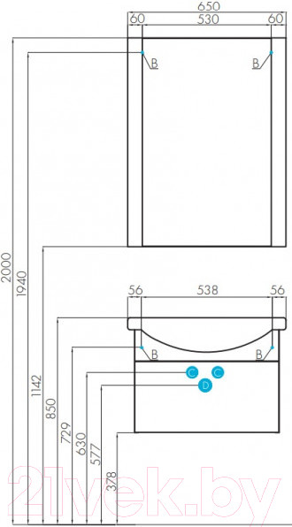 Изображение товара Тумба с умывальником Акватон Ария 65 (1A1340K0AA010)