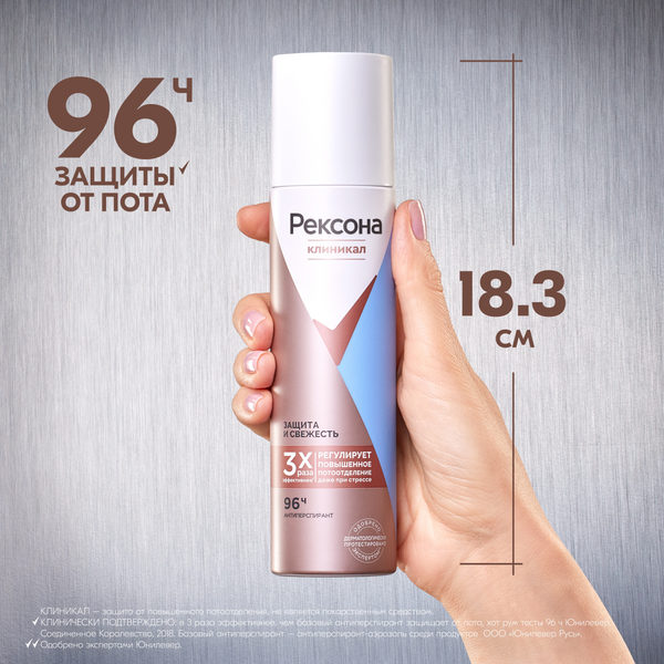 Изображение товара Антиперспирант-спрей Rexona Clinical Protection защита и свежесть (150мл)