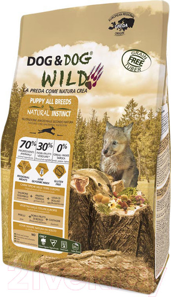 Изображение товара Сухой корм для собак Gheda Petfood Dog&Dog Wild Natural Instinct Puppy со свининой, уткой и лососем (12кг)