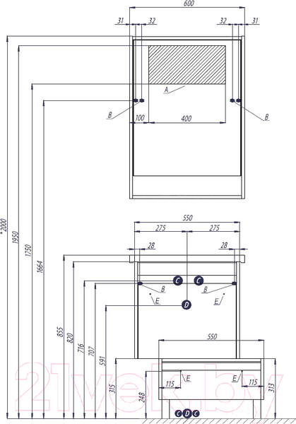 Изображение товара Тумба с умывальником Акватон Капри 60 (1A2301K1KPDA0)