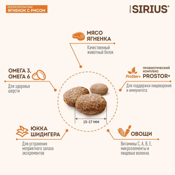 Изображение товара Сухой корм для собак Sirius Для взрослых собак с ягненком и рисом (15кг)