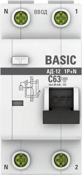 Изображение товара Дифференциальный автомат EKF Basic АД-12 1P+N 63А 30мА АС C / DA12-63-30-bas
