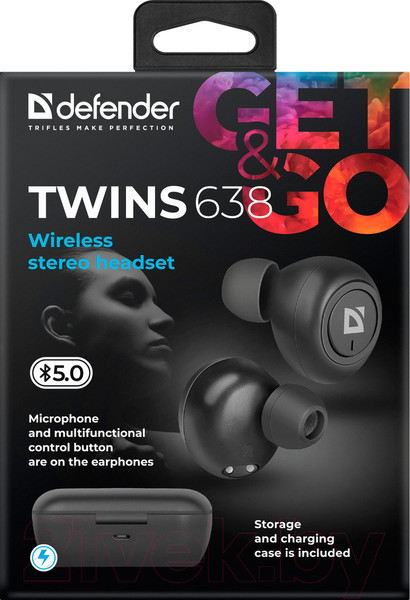 Изображение товара Беспроводные наушники Defender Twins 638 / 63638 (черный)