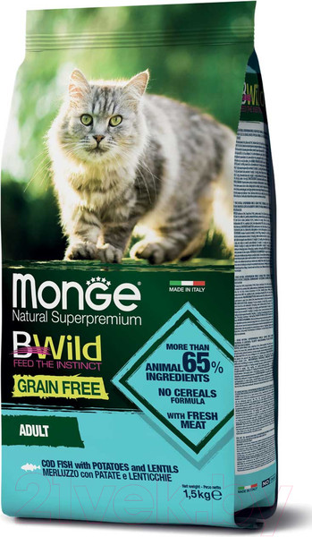 Изображение товара Сухой корм для кошек Monge BWild Grain Free Cod Fish Potatoes (1.5кг)